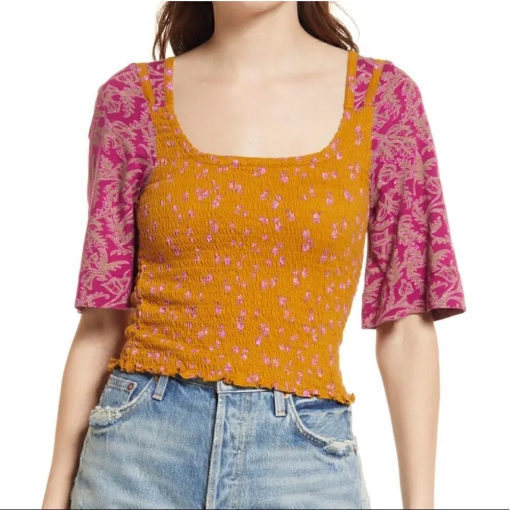FREE PEOPLE Marigold Mix Print Smocked Top XS